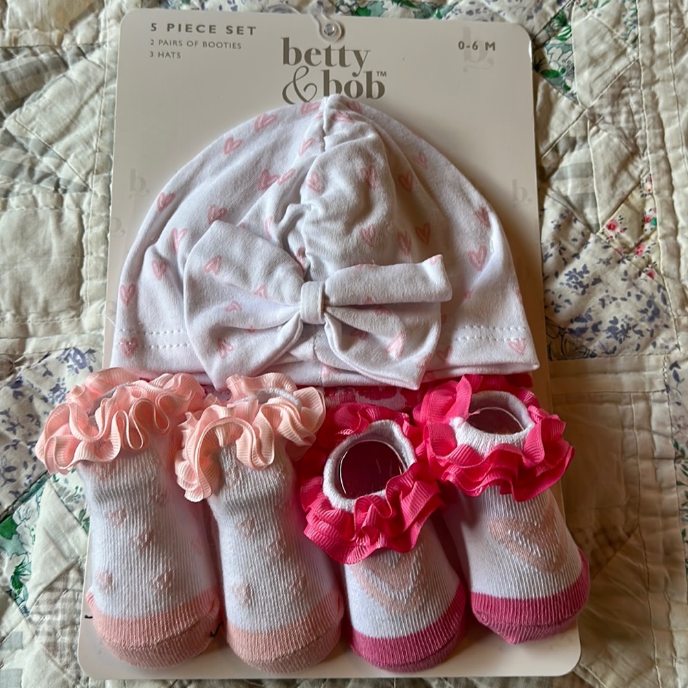Five piece set two pairs of booties, and three hats